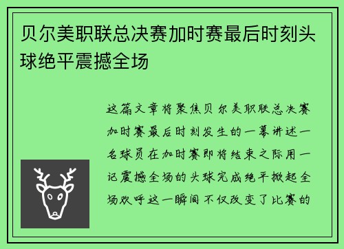 贝尔美职联总决赛加时赛最后时刻头球绝平震撼全场 贝尔美职联总决赛加时赛最后时刻头球绝平震撼全场